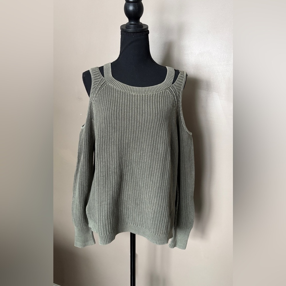 HOLLISTER cold shoulder olive green ribbed knit cotton sweater sz L cute casual - Picture 5 of 16